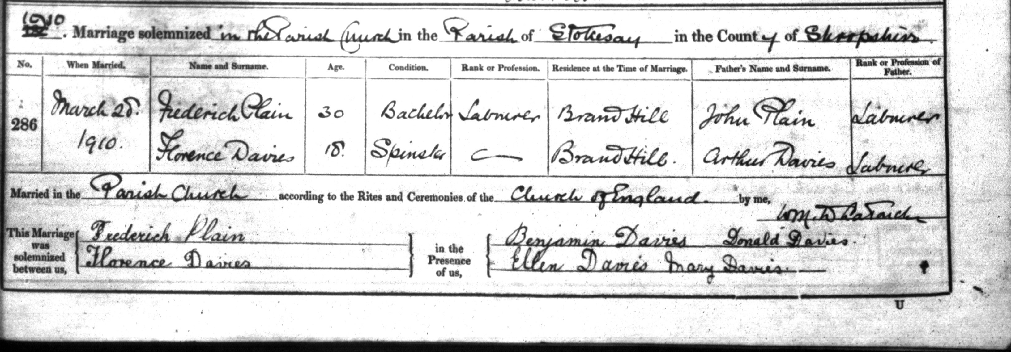 1910 marriage of Florence Davies to Frederick (Alfred) Plaine
